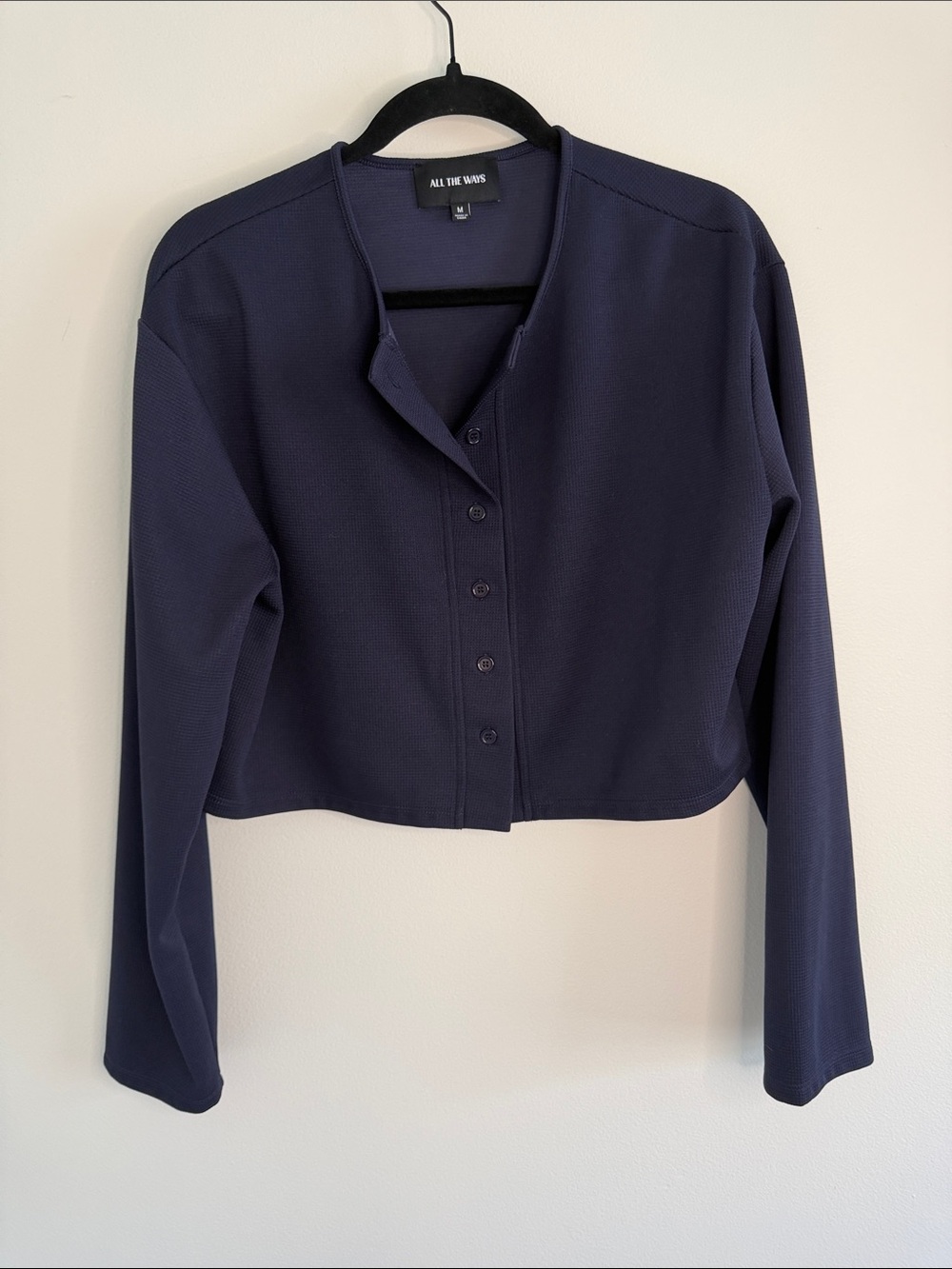 All the Ways Revolve Navy Button-Front Crop Waffle Knit Cardigan Lounge Medium